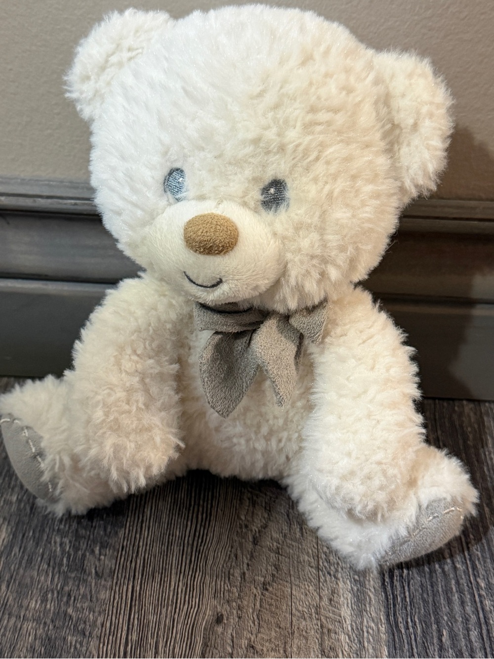 First & Main Tumbles Teddy Bear 7” Cream Plush Stuffed Animal Gray Bow Soft Toy